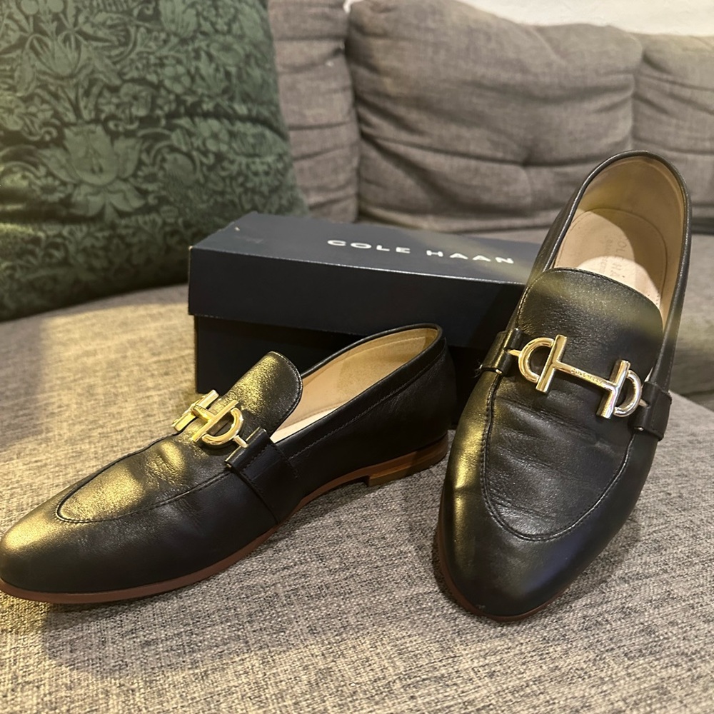 Cole Haan Black Leather Slip-On Loafers with Gold Buckle